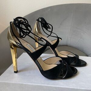 Jimmy Choo Teira Black + Gold wraparound crossover high heels